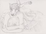  anthro arms_folded black_and_white black_nose blanket canine claws crossed_arms digitigrade hindpaw looking_at_viewer male mammal monochrome paws pencil pillow semiotica solo topless 