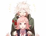  1boy 1girl :d :o black_jacket commentary_request danganronpa eyebrows_visible_through_hair eyes_closed flipped_hair green_jacket hair_between_eyes hair_ornament hands_on_another&#039;s_shoulders happy hood hoodie jacket komaeda_nagito looking_at_viewer messy_hair nanami_chiaki open_mouth pink_eyes pink_hair pink_neckwear pink_ribbon ribbon shirt short_hair simple_background smile super_danganronpa_2 upper_teeth white_background white_hair white_shirt yuhi_(hssh_6) 
