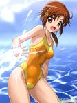  :d bad_id bad_pixiv_id brown_eyes brown_hair competition_swimsuit eyelashes hino_akane_(smile_precure!) long_hair one-piece_swimsuit onoe open_mouth precure smile smile_precure! splashing swimsuit 