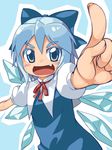  :d blue_eyes blue_hair blush bow chacha_(tyatya) cirno colored_eyelashes fang foreshortening hair_bow highres looking_at_viewer open_mouth perspective pointing pointing_forward smile solo touhou 