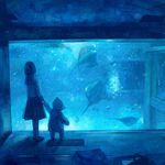  aquarium bad_id bad_pixiv_id bear black_hair blue bubble dark fish from_behind holding_hands looking_back manta_ray nomiya_(no_38) original school_uniform shadow solid_circle_eyes solo water 