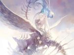  bare_shoulders barefoot blue_eyes blue_hair commentary_request expressionless feet floating_hair long_hair looking_at_viewer original rei_(sanbonzakura) sitting solo wings 