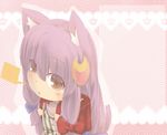  animal_ears backpack bag blush brown_eyes cat_ears catchouli chibi coat crescent crescent_hair_ornament dress hair_ornament hair_ribbon hazuki_ruu kemonomimi_mode long_hair looking_at_viewer no_hat no_headwear open_clothes open_coat open_mouth patchouli_knowledge purple_hair randoseru ribbon solo striped striped_dress touhou 