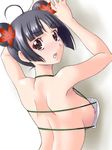  ahoge alternate_hairstyle areola_slip areolae armpits arms_up black_hair breasts brown_eyes double_bun hair_ornament halter_top halterneck jewelpet_(series) jewelpet_sunshine looking_back medium_breasts mizushiro_kanon nipple_slip nipples open_mouth shell shell_bikini solo yaso_shigeru 