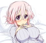  bad_id bad_pixiv_id blush breasts glasses impossible_clothes impossible_sweater large_breasts lucky_star lying on_back pillow pink_hair purple_eyes ribbed_sweater sketch solo sweater takara_miyuki take_(shokumu-taiman) 