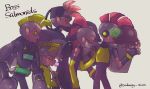  5boys blonde_hair bubble_blowing chewing_gum drizzler_(splatoon) fingerless_gloves flyfish_(splatoon) gloves jetpack male_focus mohawk multiple_boys personification pink_eyes pink_skin pointy_ears profile red_hair salmonid scrapper_(splatoon) smallfry_(splatoon) splatoon splatoon_(series) splatoon_2 steel_eel steelhead_(splatoon) surgical_mask tongue tongue_out umbrella vest visor yellow_gloves yellow_sclera 