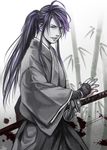  bamboo blood blue_eyes japanese_clothes kamui_gakupo katana kimono long_hair male_focus ohse ponytail purple_hair solo spot_color sword vocaloid weapon 