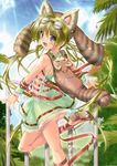  :d absurdres animal_backpack animal_ears animal_hat ass belt blue_eyes copyright_request cross-laced_sandals goggles green_hair hat highres komatsu_eiji open_mouth scan smile 