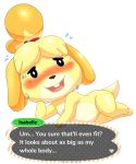 alpha_channel animal_crossing anthro black_nose blush canine chibi dog female fur hi_res isabelle_(animal_crossing) keno9988 lying mammal nervous nintendo nude pussy shih_tzu simple_background slightly_chubby smile solo sweat text transparent_background video_games white_fur yellow_fur 