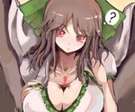  ? black_hair black_wings bow breast_suppress breasts cape cleavage collarbone hair_bow large_breasts long_hair looking_at_viewer morinba open_mouth radioactive red_eyes reiuji_utsuho simple_background solo tattoo touhou upper_body wings 