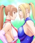  bare_shoulders blonde_hair blue_leotard breast_press breasts brown_eyes brown_hair crossover dead_or_alive dead_or_alive_5 green_background green_eyes highres kasumi_(doa) large_breasts leotard lips long_hair multiple_girls ponytail profile sarah_bryant sideboob smile symmetrical_docking ueyama_michirou virtua_fighter 