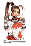  alternate_costume brown_eyes brown_hair dated earrings eyeshadow fingerless_gloves gloves hair_ornament hairclip ibuki_(street_fighter) jewelry kunai long_hair makeup marker_(medium) omar_dogan open_mouth ponytail signature simple_background solo street_fighter traditional_media weapon 