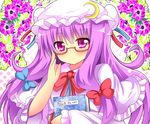  adjusting_eyewear anemone_(flower) bad_id bad_pixiv_id bespectacled blush book bow capelet crescent floral_background flower glasses hair_ribbon hat long_hair looking_at_viewer patchouli_knowledge purple_eyes purple_hair red-framed_eyewear ribbon semi-rimless_eyewear shinekalta solo touhou under-rim_eyewear upper_body 