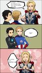  armor avengers black_eyes black_hair blonde_hair blue_eyes cape captain_america chibi comic english facial_hair iron_man korean laphy marvel multiple_boys mustache sparkle steve_rogers stubble thor_(marvel) tony_stark 