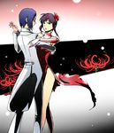  bleach blue_hair china_dress chinese_clothes coat couple dancing dress elbow_gloves flower glasses gloves hair_flower hair_ornament ishida_uryuu karamiya kurotsuchi_nemu purple_hair short_hair side_slit 