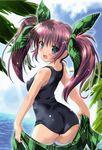 :d absurdres ass bare_shoulders blue_sky blush cloud copyright_request curvy day green_eyes hair_ribbon highres komatsu_eiji long_hair looking_back one-piece_swimsuit open_mouth plaid purple_hair ribbon school_swimsuit sky smile solo striped striped_legwear swimsuit thighhighs twintails water 