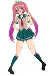  1boy blush crossdressing doru_riheko footwear gradient_hair green_eyes hair_ribbon kneehighs kneesocks long_hair multicolored_hair original purple_hair red_hair ribbon school_uniform smile trap twintails v wink 