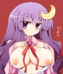  bow breasts breasts_outside crescent crescent_hair_ornament face hair_bow hair_ornament highres huge_breasts long_hair looking_at_viewer nipples no_bra no_hat no_headwear open_clothes patchouli_knowledge purple_eyes purple_hair ribbon shirogane_(platinum) simple_background solo touhou upper_body very_long_hair 