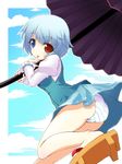  :p ass blue_hair blue_sky cloud day heterochromia highres kinoeda panties purple_umbrella shirt short_hair skirt skirt_set sky solo striped striped_panties tatara_kogasa tongue tongue_out touhou umbrella underwear upskirt vest 