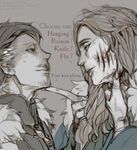  1girl a_song_of_ice_and_fire bad_id bad_pixiv_id blood blue_eyes brown_hair catelyn_tully facial_hair grey_hair lady_stoneheart long_hair mustache petyr_baelish scar spoilers stubble wavesheep zombie 