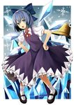 blue_hair bow cirno grey_eyes hair_bow hands_on_hips highres icicle kuhotaka looking_at_viewer open_mouth pyonta shirt short_hair smile solo touhou wings 