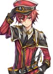  arm_up arubeni bad_id bad_pixiv_id belt cosplay edan_(elsword) edan_(elsword)_(cosplay) elsword elsword_(character) epaulettes gloves hat male_focus necktie red_eyes red_hair solo uniform white_background 