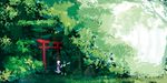  black_hair blonde_hair dress forest green hat highres jacket maribel_hearn multiple_girls nature ribbon scenery short_hair tobenai_todo torii touhou tree trojan_green_asteroid usami_renko 