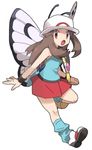  1girl bad_id bad_pixiv_id bag blue_(pokemon) brown_hair butterfree gen_1_pokemon hat kneehighs looking_at_viewer miniskirt pokemon pokemon_(creature) pokemon_(game) pokemon_frlg red_eyes shoulder_bag skirt vs_seeker walking wings 