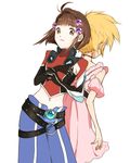  1boy 1girl belt blonde_hair breasts brown_eyes brown_hair choker cosplay costume_switch dress elbow_gloves gloves hair_ornament kyle_dunamis midriff navel nyanyacchi pants reala short_hair tales_of_(series) tales_of_destiny_2 