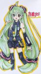  adapted_costume ahoge bandaid bare_shoulders character_name cosplay detached_sleeves green_hair hair_bobbles hair_ornament hatsune_miku hatsune_miku_(cosplay) headset ibaraki_natou jpeg_artifacts kodomo_no_jikan kokonoe_rin long_hair low-tied_long_hair midriff necktie open_mouth skirt solo standing thighhighs traditional_media twintails very_long_hair vocaloid zettai_ryouiki 