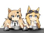  2girls animal_ears anthropomorphism blonde_hair blue_eyes breasts cat_smile catgirl cleavage girls_frontline goggles gray_eyes headphones idw_(girls_frontline) long_hair microphone mossberg_500_(girls_frontline) shirt signed sudo_shinren tie twintails white 