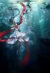  absurdres black_hair blue_eyes bug butterfly dark dress feathers fish goggles h2so4kancel headphones highres insect long_hair original outstretched_arm scarf shark solo surreal underwater very_long_hair white_dress 