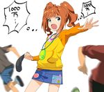  a1 brown_hair casual commentary green_eyes idolmaster idolmaster_(classic) legs motion_blur open_mouth short_hair takatsuki_yayoi thought_bubble translated twintails 