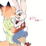  2018 anthro barefoot butt canine claws clothed clothing dipstick_ears disney duo female fox fur hawaiian_shirt hi_res imminent_kiss judy_hopps lagomorph male mammal markings miroukitsu nick_wilde open_mouth pants predator/prey rabbit shirt simple_background size_difference socks_(marking) toe_claws tongue tongue_out zootopia 