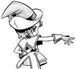  arukime gloves greyscale hand_on_hip hat highres looking_back monochrome ojamajo_doremi outstretched_hand segawa_onpu short_hair smile solo witch_hat 