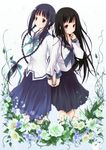  amano_tooko black_hair book braid bungaku_shoujo chitanda_eru daisy flower holding_hands hyouka lily_(flower) lily_of_the_valley long_hair multiple_girls nora-toro purple_eyes rose school_uniform serafuku skirt smile twin_braids very_long_hair white_flower white_rose 