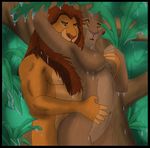  anthrofied breast_grab breasts couple disney duo eye_contact feline female jungle lion lioness male mammal mufasa navel nipples pussy quarko-muon rain sarabi the_lion_king tree wood 