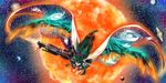  alternate_hair_color alternate_weapon arm_cannon bird_wings bow cape eyeball eyelashes flying galaxy green_hair hair_bow highres kagu_(a_hazy_moon) long_hair looking_at_viewer open_hand outstretched_arms parted_lips planet radiation_symbol red_eyes reiuji_utsuho saturn solo space space_print starry_sky_print sun third_eye touhou very_long_hair weapon wings 