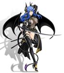  ankle_boots arm_strap arm_up bat_wings belt beltskirt black_legwear blue_eyes blue_hair boots breasts breasts_apart buckle collar covered_nipples demon_girl demon_tail dual_wielding fantasy full_body garter_straps gloves groin hair_ornament high_heels highleg highleg_leotard highres holding holding_weapon horns impossible_clothes isse large_breasts leg_lift leg_up leotard long_hair looking_at_viewer multiple_belts multiple_swords original outstretched_arm over_shoulder parted_lips pointy_ears scabbard shadow sheath short_sword showgirl_skirt sidelocks simple_background skin_tight skirt smile solo succubus sword tail thigh_strap thighhighs turtleneck weapon weapon_over_shoulder white_background wings 