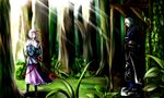  1girl belt bow chama_(painter) choker collarbone forest glasses hairband heart highres komeiji_satori long_sleeves mary_janes morichika_rinnosuke nature pink_hair plant pouch shoes short_hair silver_hair third_eye touhou tree yin_yang 