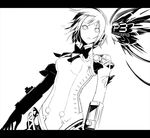  404_(artist) aegis_(persona) android armband ascot copyright_name elbow_gloves gloves greyscale headphones high_contrast highres monochrome persona persona_3 robot robot_joints short_hair solo torn_clothes torn_gloves 