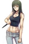  abs bare_shoulders black_hair breasts cleavage crop_top denim eyepatch jeans jormungand knife long_hair medium_breasts midriff navel orange_eyes pants prime reverse_grip smile sofia_valmer solo tank_top tattoo toned velmet weapon white_background 