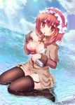  acolyte black_legwear blush bottle bra breasts cleavage garter_belt headdress hizukiryou large_breasts mouth_hold ocean open_clothes panties partially_submerged ragnarok_online red_eyes ribbon sitting solo striped striped_bra thighhighs underwear wariza water wet wet_clothes 