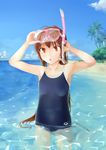 :o arena_(company) arms_up beach blue brown_hair competition_school_swimsuit day diving_mask little_busters! long_hair natsume_rin ocean one-piece_swimsuit outdoors ponytail red_eyes rico_(remilia) school_swimsuit snorkel solo swimsuit wading water 