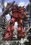  absurdres artist_request axe bazooka building city damaged gundam highres mecha mobile_suit_gundam no_humans oldschool ruins science_fiction shield weapon zaku zaku_ii zaku_ii_f/j zaku_ii_s_char_custom 