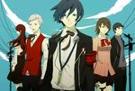  3boys armband blue_hair bow brown_eyes brown_hair choker digital_media_player evoker grey_hair gun hat headphones iori_junpei kirijou_mitsuru long_hair multiple_boys multiple_girls persona persona_3 red_hair ribbon sanada_akihiko school_uniform short_hair skirt takeba_yukari tamu_(tamurarucaffe1226) weapon yuuki_makoto 