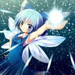  arm_up bad_id bad_pixiv_id blue_dress blue_eyes blue_hair blush bow cirno dress dx_(dekusu) energy_ball hair_bow hand_on_hip highres shirt short_hair solo touhou wings 