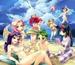  6+girls applejack ass bikini black_hair blonde_hair blue_eyes blue_hair blush bracelet breasts cleavage cloud cowboy_hat day eyewear_on_head fluttershy frilled_bikini frills front-tie_top green_eyes green_hair hat highres horn jewelry long_hair medium_breasts midair multicolored multicolored_hair multiple_girls my_little_pony my_little_pony_friendship_is_magic nail_polish navel o-ring o-ring_bottom open_mouth orange_hair personification pink_hair pinkie_pie ponytail purple_eyes purple_hair rainbow_dash rainbow_hair rarity red_hair seiza shiny shiny_skin short_hair sitting soukitsubasa spike_(my_little_pony) standing standing_on_one_leg strapless streaked_hair sunglasses swimsuit tubetop twilight_sparkle underboob wings younger 