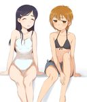  :d ^_^ bad_id bad_pixiv_id bikini black_hair blush brown_eyes brown_hair closed_eyes futari_wa_precure hair_ornament hairclip long_hair minatsuki_randoseru misumi_nagisa multiple_girls navel open_mouth precure shorts sitting smile swimsuit yukishiro_honoka 