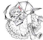  :d bat_wings boots dress fang hage monochrome oekaki open_mouth pointy_ears red_eyes remilia_scarlet short_hair sketch slit_pupils smile solo spot_color touhou umbrella wings 